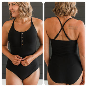 Black Ribbed Button Swimsuit (1 week)