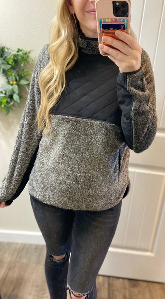 Quilted Asymmetrical Snap Fuzzy Pullover