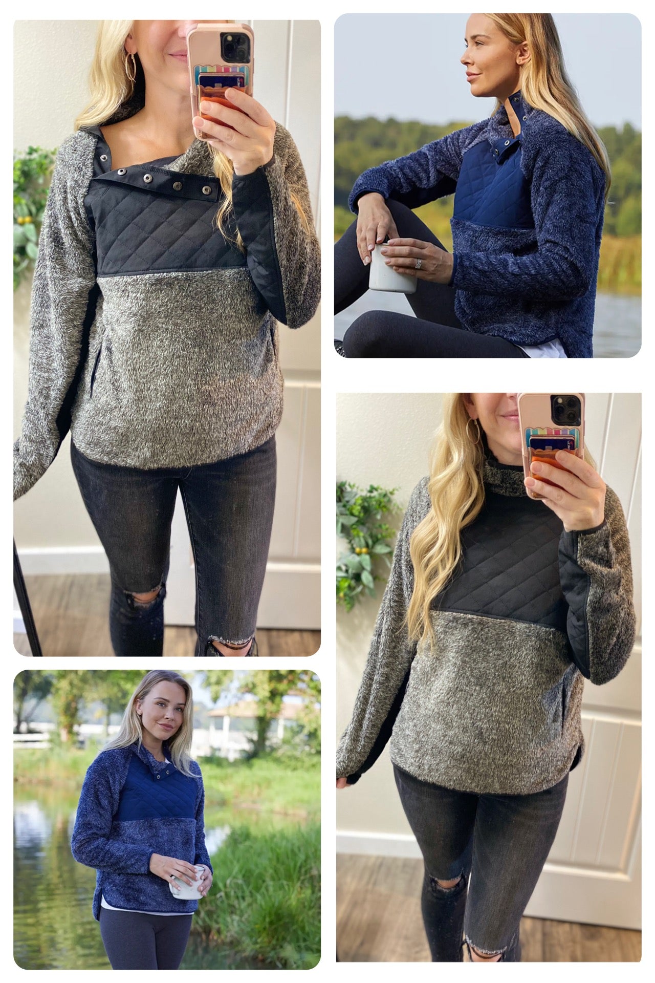 Quilted Asymmetrical Snap Fuzzy Pullover