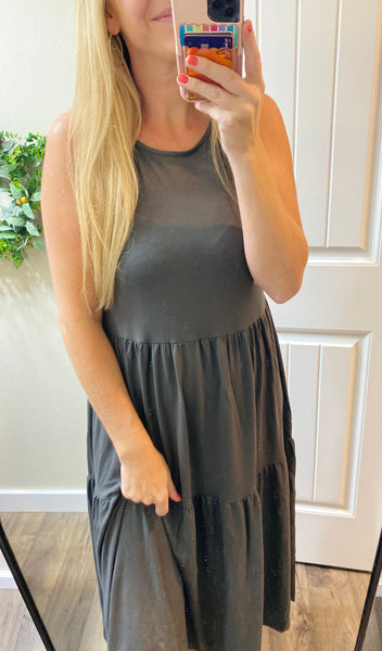 Ash Grey Sleeveless Tiered Midi Dress