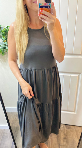 Ash Grey Sleeveless Tiered Midi Dress