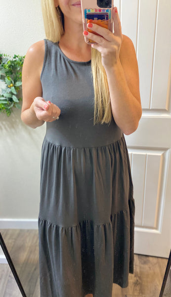 Ash Grey Sleeveless Tiered Midi Dress