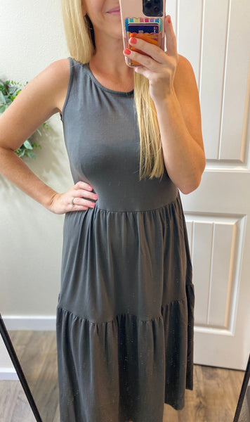 Ash Grey Sleeveless Tiered Midi Dress