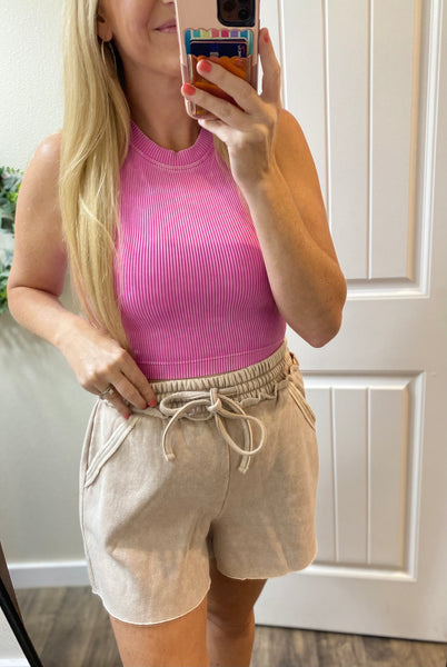 High Neck Pink Ribbed Cropped Bra Cami