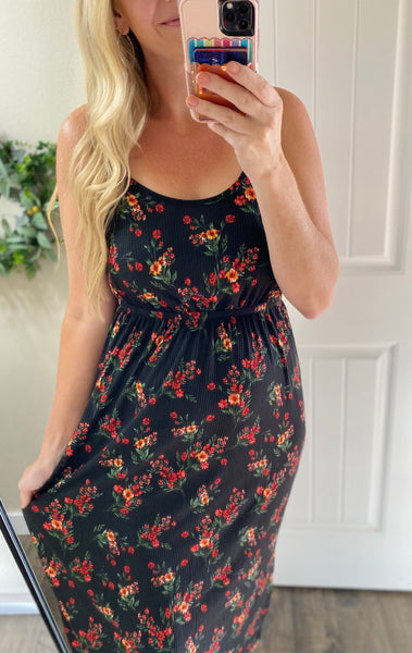 Black Fall Floral Ribbed Midi Dress