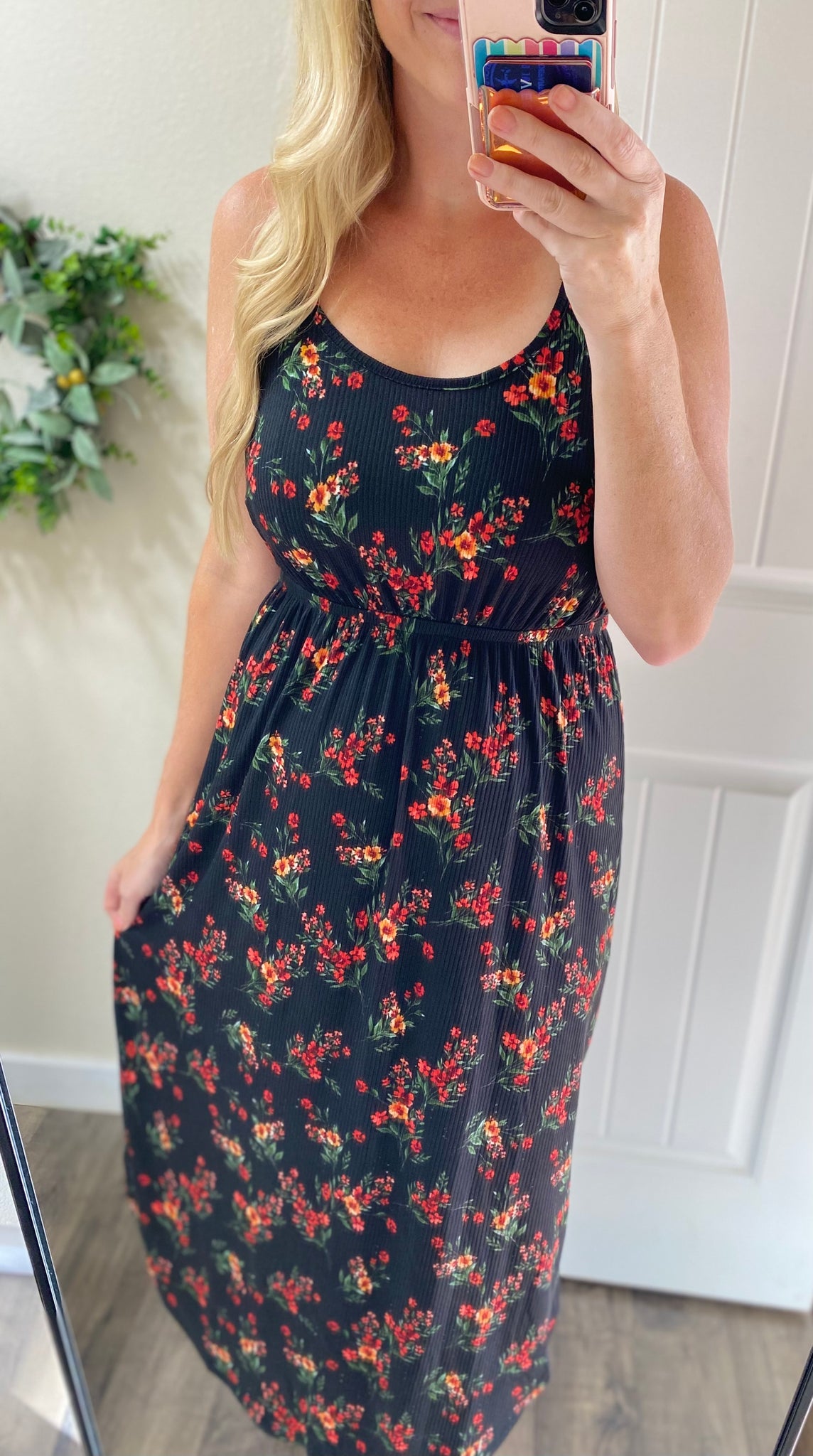 Black Fall Floral Ribbed Midi Dress