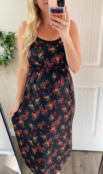 Black Fall Floral Ribbed Midi Dress