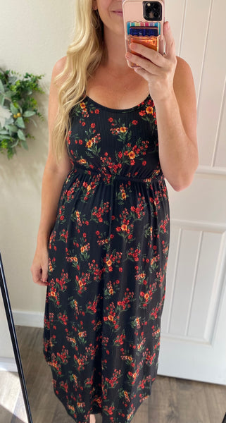 Black Fall Floral Ribbed Midi Dress