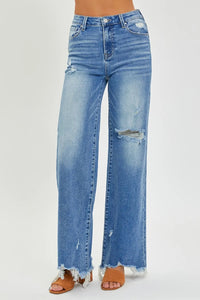 Risen Frayed Hem Wide Leg Denim