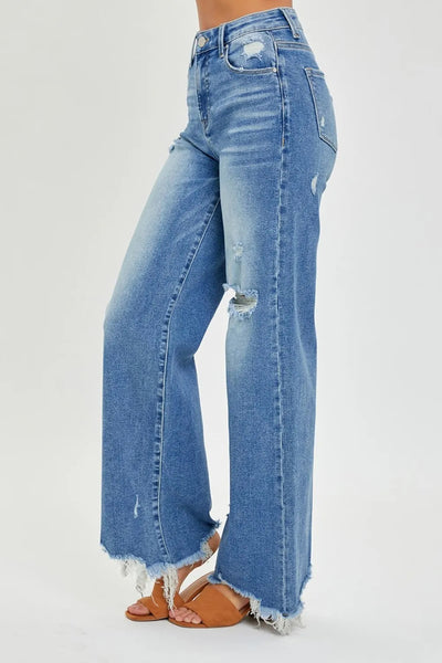 Risen Frayed Hem Wide Leg Denim