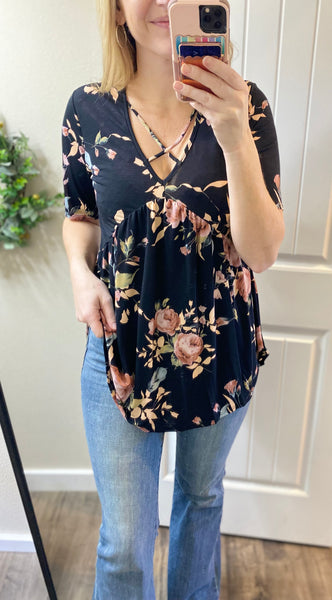 Crisscross Neck Floral Babydoll Top