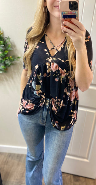 Crisscross Neck Floral Babydoll Top