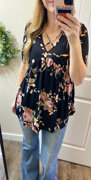 Crisscross Neck Floral Babydoll Top