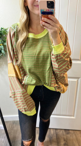 Oversized Olive/Brown Colorblock Striped Sweater