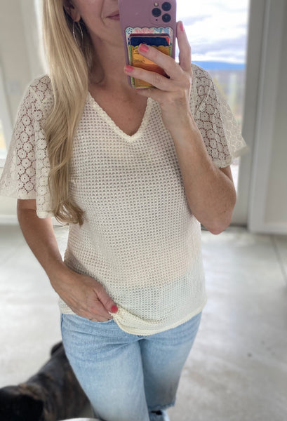 Waffle V-neck Flutter Sleeve Top