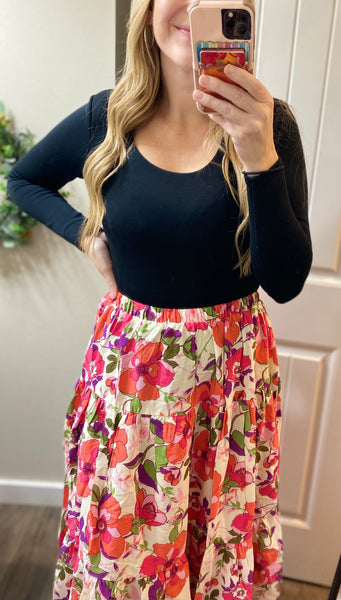 Flower Print Elastic Waist Tiered Skirt