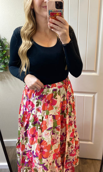 Flower Print Elastic Waist Tiered Skirt