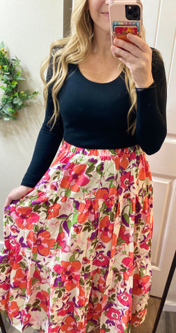 Flower Print Elastic Waist Tiered Skirt