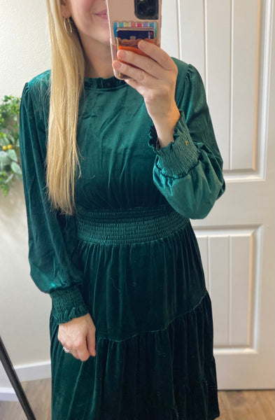 Mock Smocked Waist Velvet Tiered Dress