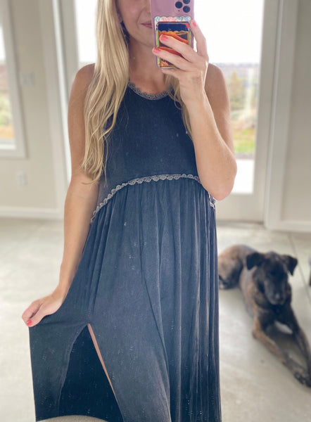 Stone Washed Side Slit Maxi Dress