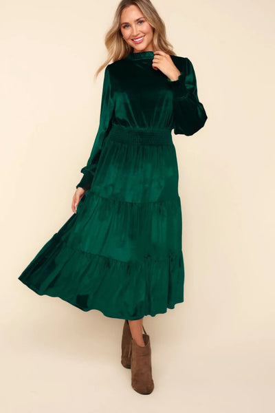 Mock Smocked Waist Velvet Tiered Dress