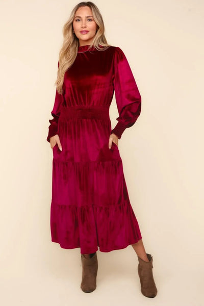 Mock Smocked Waist Velvet Tiered Dress