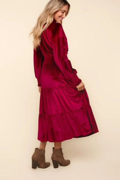 Mock Smocked Waist Velvet Tiered Dress