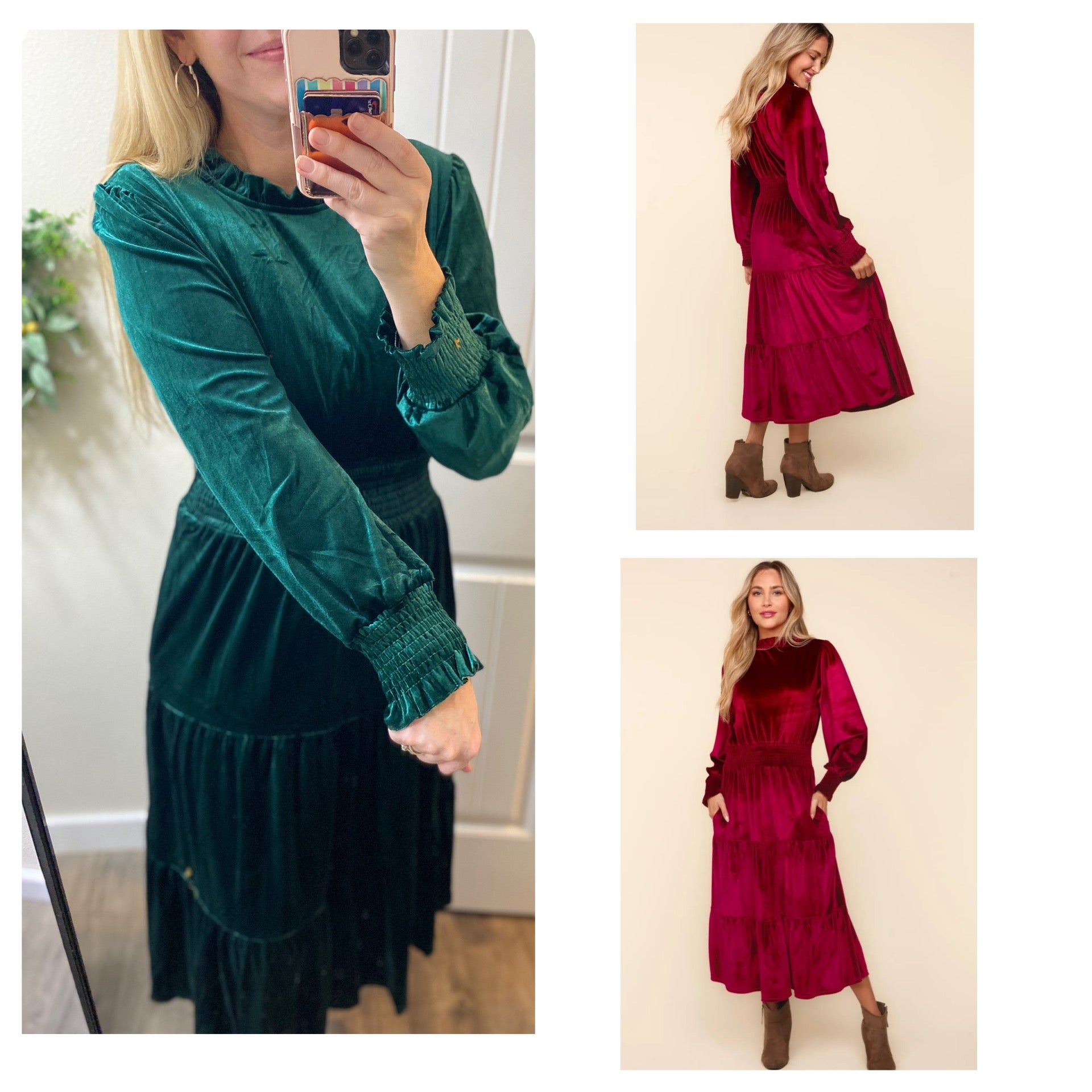 Mock Smocked Waist Velvet Tiered Dress