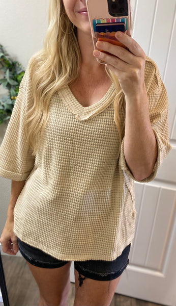 Brushed Waffle Exposed Seam 3/4 Sleeve Top