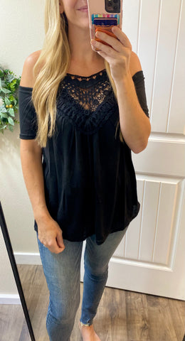 Black Crochet Neck Cold Shoulder Top