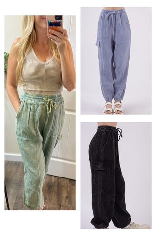 Washed Crinkle Gauze Cargo Pants