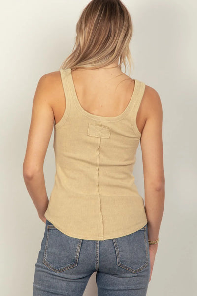 Camel Washed Ribbed TankS with Placket Detail