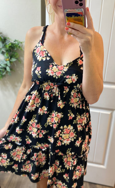 Black Floral Frill Dress