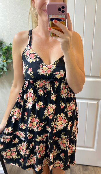 Black Floral Frill Dress