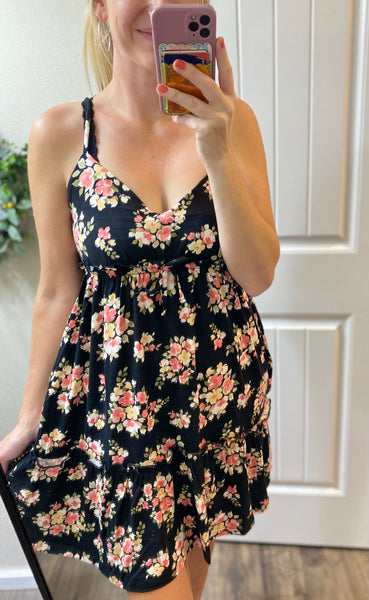 Black Floral Frill Dress