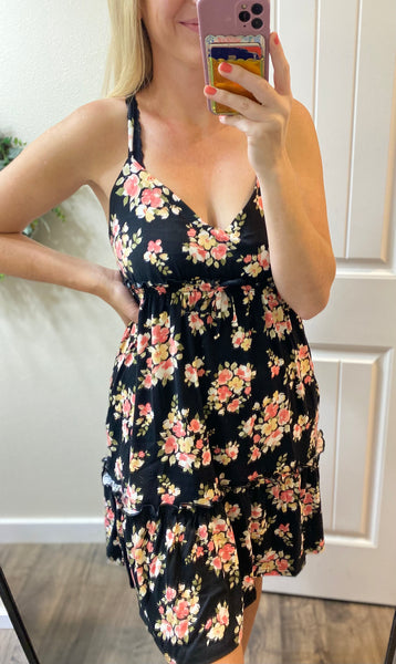 Black Floral Frill Dress