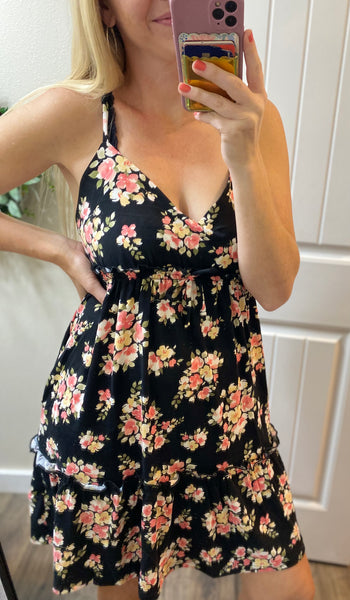 Black Floral Frill Dress