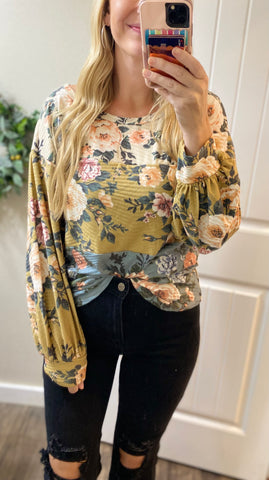 Bibi Fall Floral Colorblock Long Sleeve Top