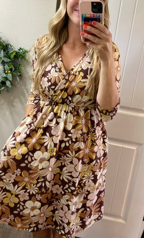 Neutral Vintage Floral 3/4 Sleeve Dress