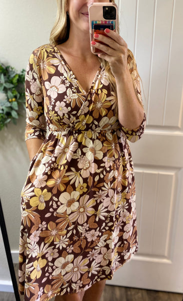 Fall Bold Floral 3/4 Sleeve Dress