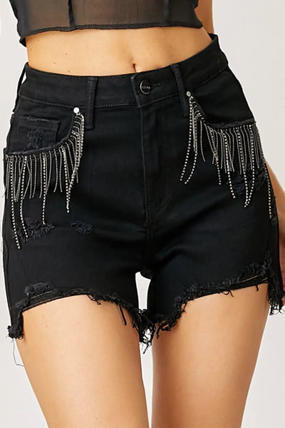 Black Risen Rhinestone Distressed Shorts