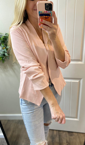 Blush Open Front Ruched Sleeve Blazer