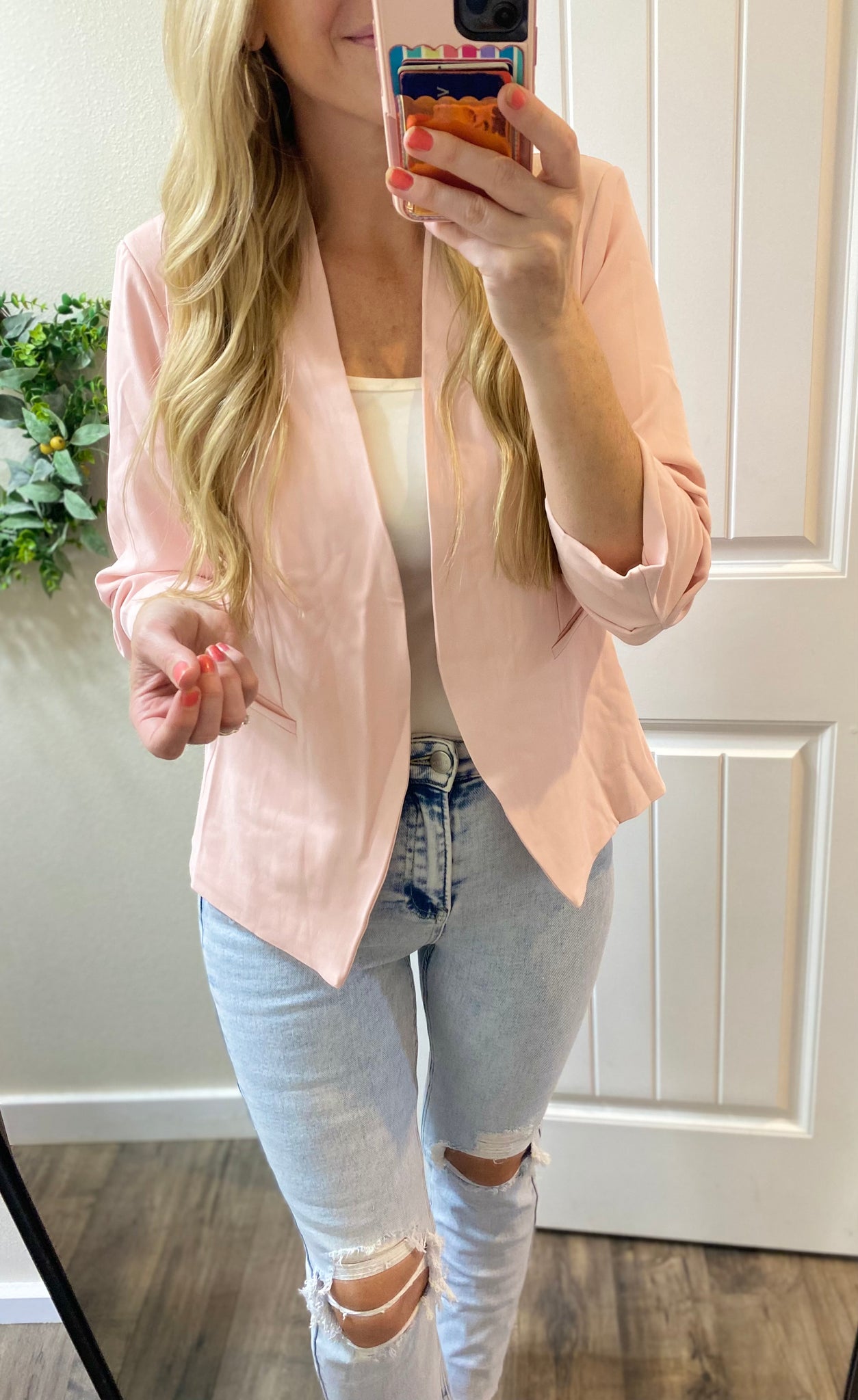 Blush Open Front Ruched Sleeve Blazer