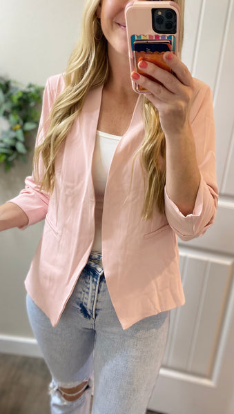 Blush Open Front Ruched Sleeve Blazer