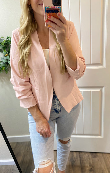 Blush Open Front Ruched Sleeve Blazer