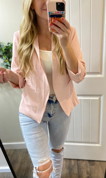 Blush Open Front Ruched Sleeve Blazer