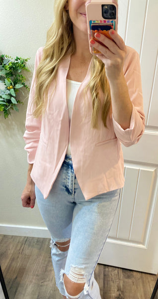 Blush Open Front Ruched Sleeve Blazer