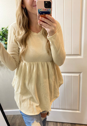 Cream Ribbed Babydoll Long Sleeve Top