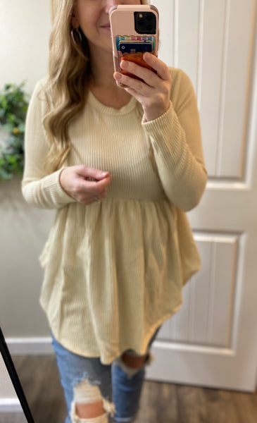 Cream Ribbed Babydoll Long Sleeve Top