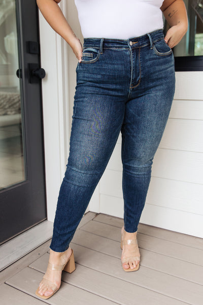 Judy Blue Mid Rise Vintage Raw Hem Skinny Jeans